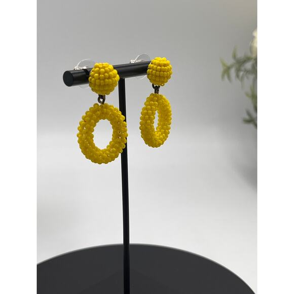 J. Crew Bright Yellow Beaded Hoop Drop Door Knocker Pierced Earrings - Picture 3 of 7